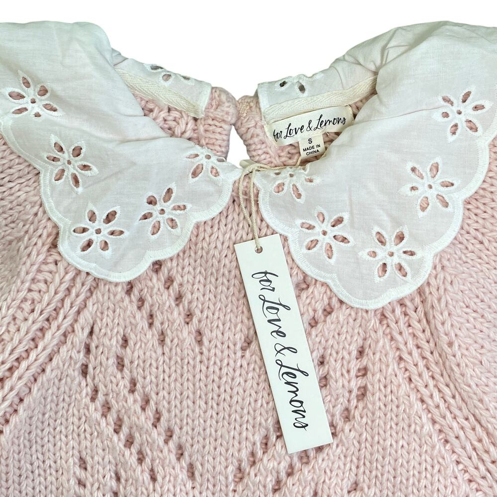 NEW For Love & Lemons Stacy Light Pink Peter Pan Eyelet Collar Sweater Size S - Picture 3 of 10